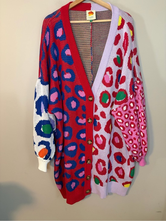 FARM Rio Sweaters - FARM Rio Leopard Pop Cotton Cardigan Button Front Balloon Sleeve Multicolor XL
